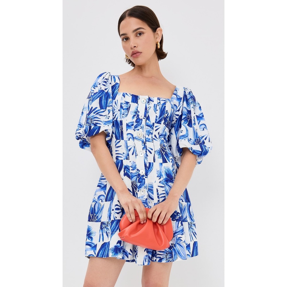 FARM Rio Garden Tiles Blue White Linen Blend Puff Sleeve Mini Dress L